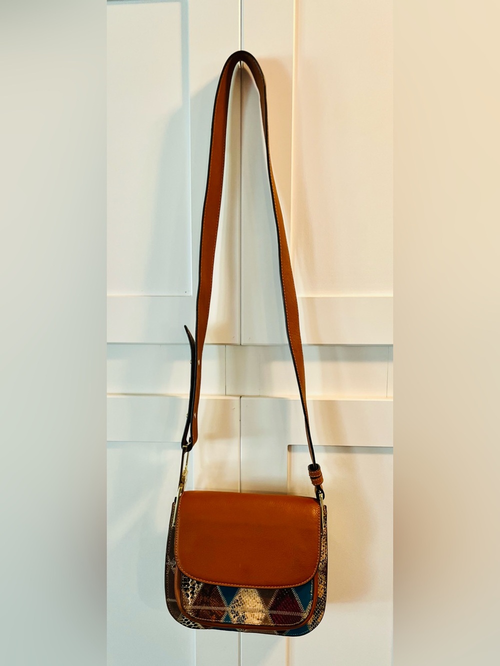Sam Edelman Brown Leather Crossbody with Multicolor Geometric Panel